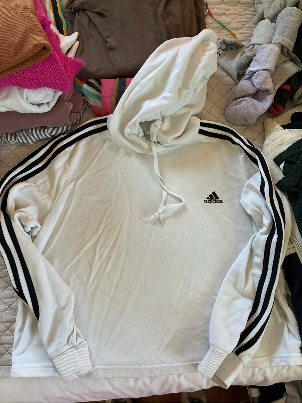 Adidas White cropped Hoodie with Black Three-Stripes XL